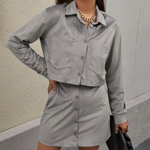 Pocket Front Velvet Jacket & Button Fly Skirt Set